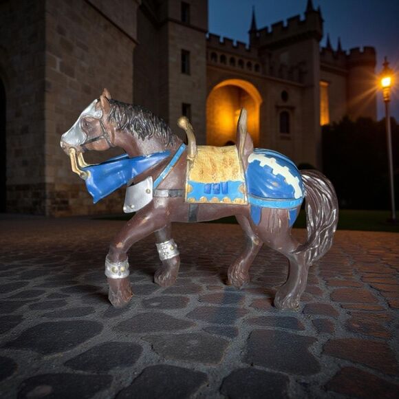 2005 Papo Fantasy Medieval Knight Horse PVC Figure Brown Blue Silver B14 - Picture 1 of 7